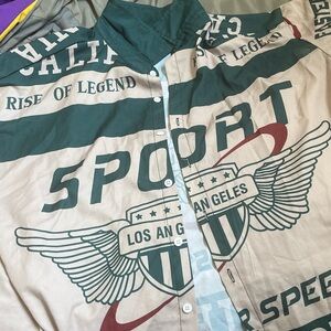 SHEIN Green and Tan Graphic Button Down Shirt